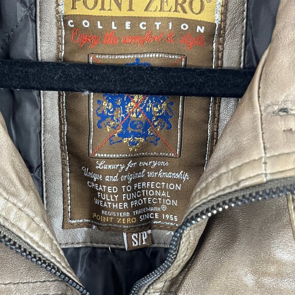 Point Zero Faux Leather Bomber Jacket Size S Brown Long Sleeve Band Collar Zip - Picture 5 of 9
